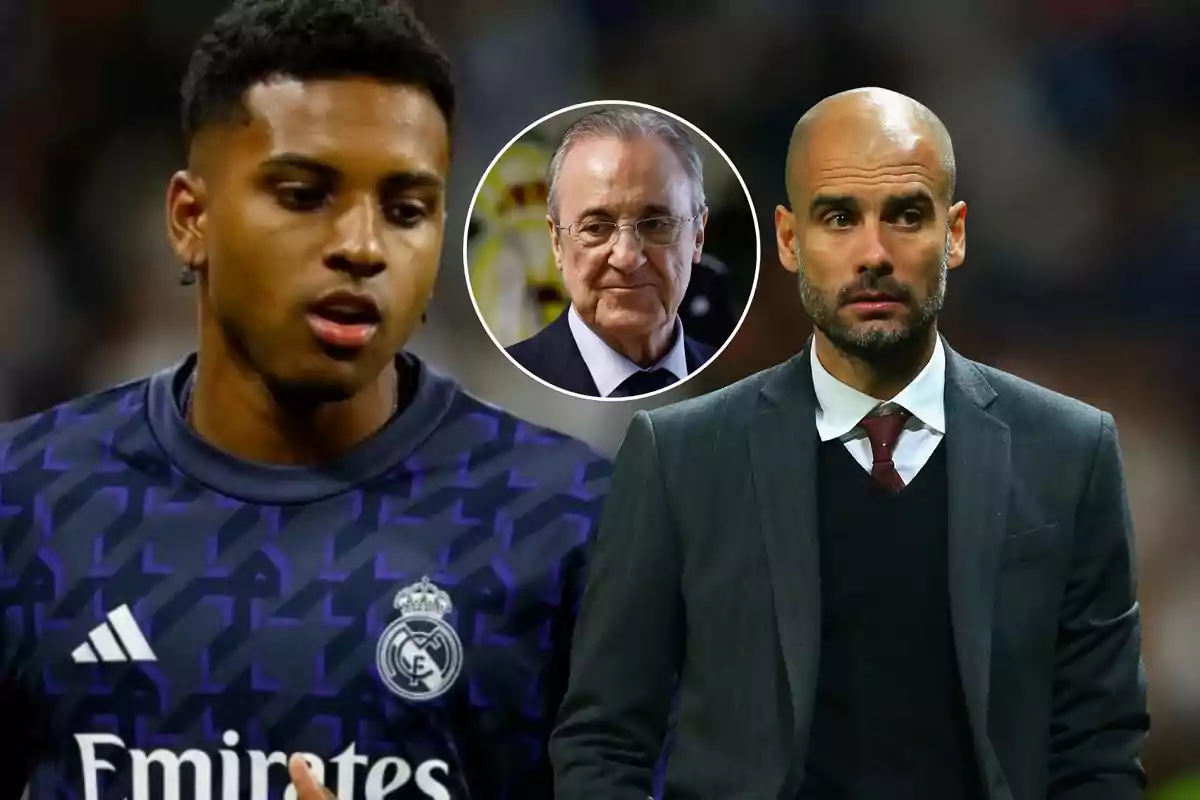 Un jugador de fútbol con la camiseta del Real Madrid, un hombre mayor con gafas en un círculo en el centro y un hombre calvo con traje y corbata.