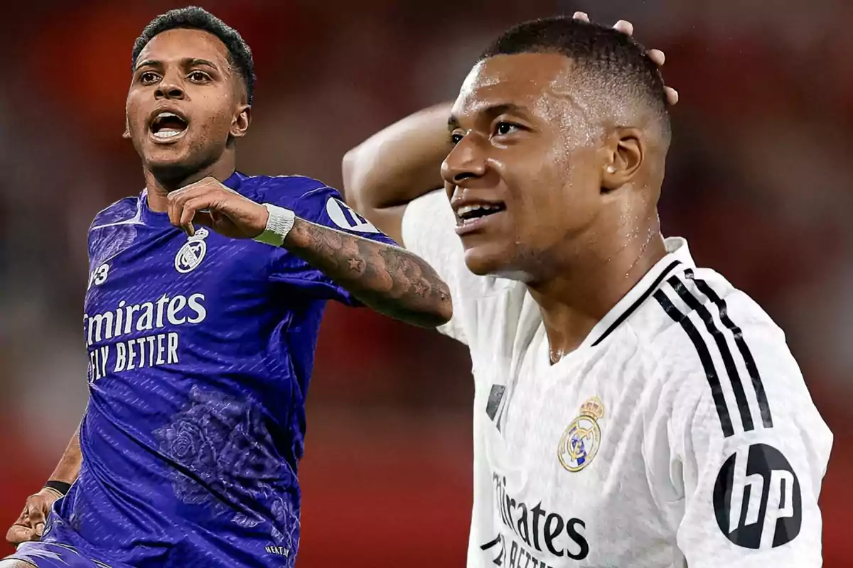 Dos jugadores de fútbol con uniformes del Real Madrid, uno con camiseta morada y otro con camiseta blanca.