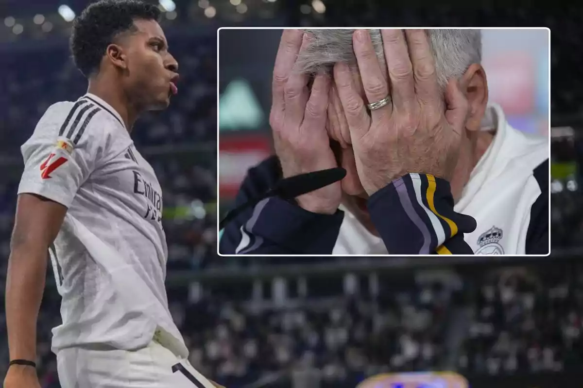 Jugador de fútbol celebrando en el campo con una imagen insertada de un hombre cubriéndose el rostro con las manos.