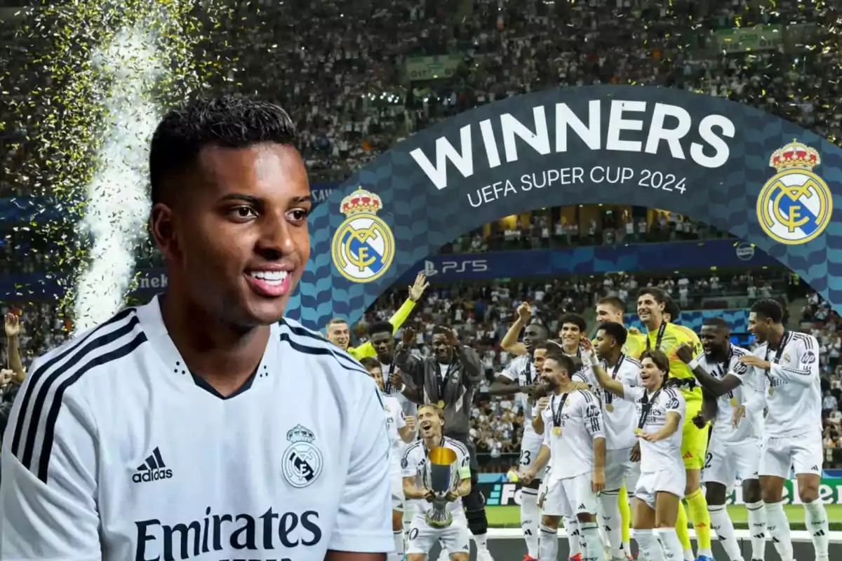 Un jugador del Real Madrid sonríe mientras el equipo celebra la victoria en la Supercopa de la UEFA 2024 bajo un arco que dice "WINNERS".