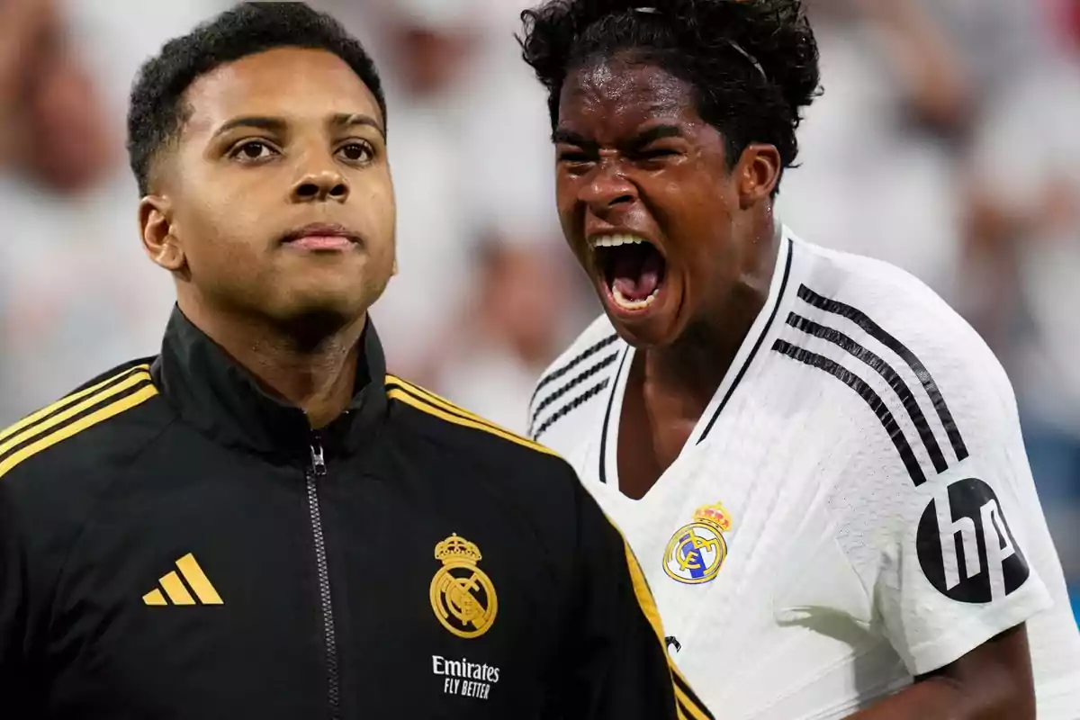 Dos jugadores del Real Madrid, uno con chaqueta negra y el otro con camiseta blanca, en diferentes momentos de expresión.