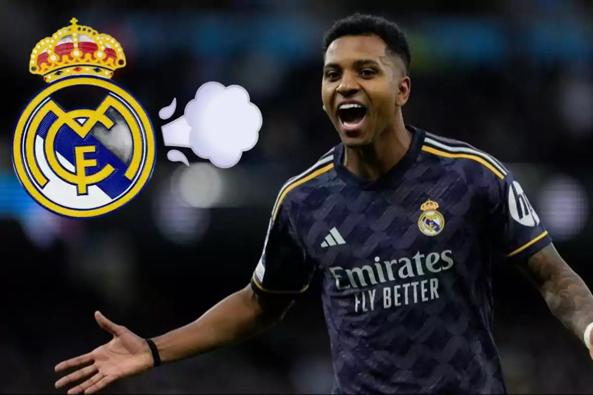 Rodrygo Goes corriendo y al lado escudo del Real Madrid con un emoji de humo