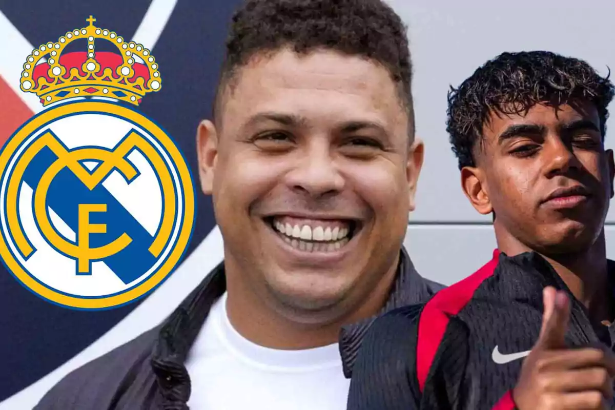 Dos personas sonrientes junto al escudo del Real Madrid.