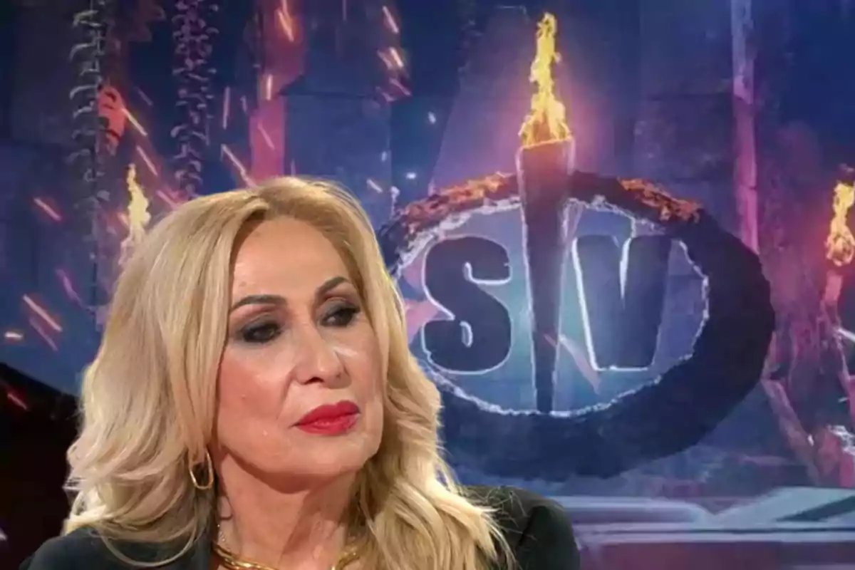 Rosa Benito con rostro serio y detrás el logo de 'Supervivientes All Stars'