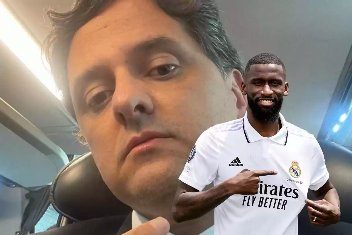 Un hombre con cabello oscuro y expresión seria en un vehículo, con la imagen superpuesta de un futbolista sonriente con la camiseta del Real Madrid señalando el escudo del equipo.