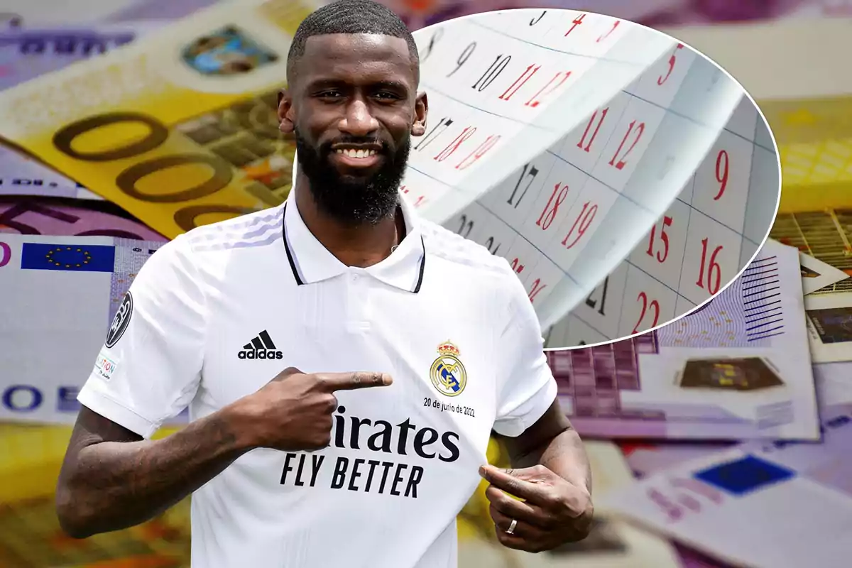 Un jugador de fútbol con la camiseta del Real Madrid señala el escudo del equipo, con un fondo de billetes de euro y un calendario.