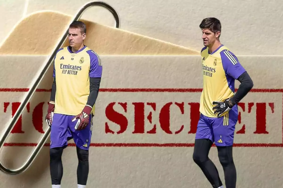 Dos porteros del Real Madrid con uniforme de entrenamiento amarillo y morado, con un fondo de carpeta de archivo y la palabra "SECRET" en rojo.