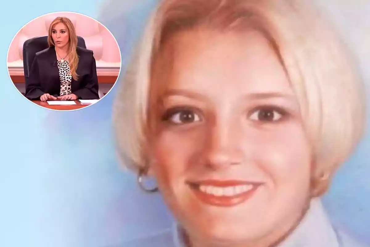 Una mujer joven con cabello rubio sonríe en una foto de fondo azul, mientras que en un recuadro se muestra a una mujer sentada en un escritorio con expresión seria.