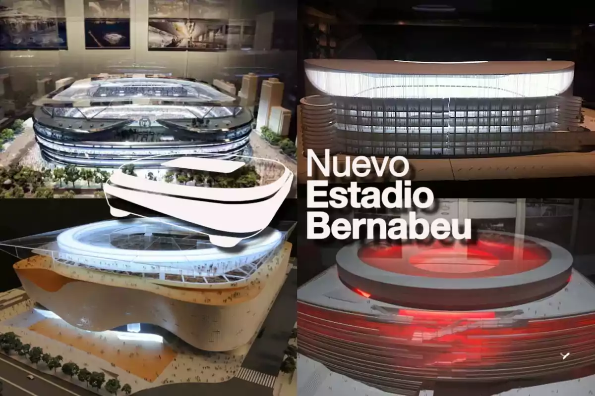 Maquetas y diseños del nuevo Estadio Bernabéu con diferentes perspectivas y detalles arquitectónicos.