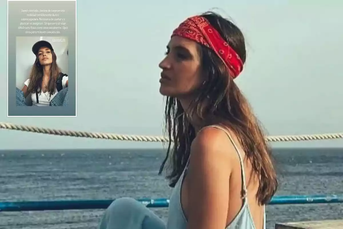 Una mujer con una bandana roja en la cabeza está sentada al aire libre, mirando pensativamente hacia el horizonte, con el mar de fondo. En la esquina superior izquierda de la imagen hay una foto más pequeña de la misma mujer, con un texto que dice: "Vamos con todo, camino de conocer una realidad terriblemente dura y sobrecogedora. Necesitaré de contar y plasmar en imágenes. Sé que será un viaje difícil tanto física como emocionalmente. Ojalá sirva para remover conciencias."