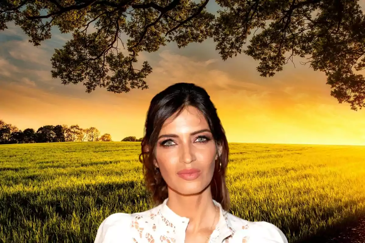 Una mujer con cabello oscuro y ojos claros está de pie frente a un campo verde con un cielo al atardecer y árboles en el fondo.