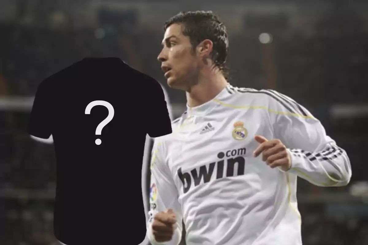 Un jugador de fútbol con la camiseta del Real Madrid junto a una camiseta negra con un signo de interrogación.