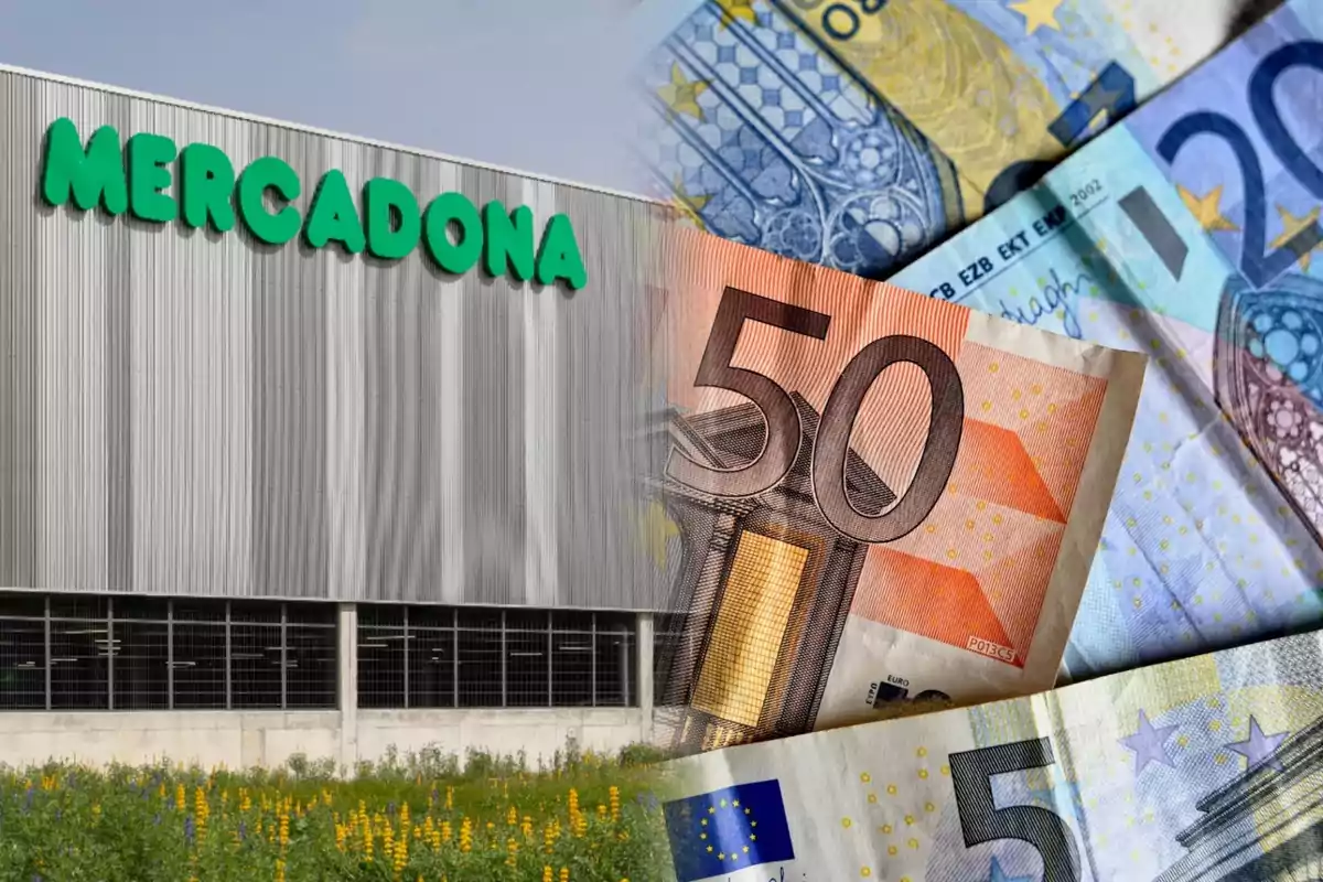 Fachada de un supermercado Mercadona junto a billetes de euro.