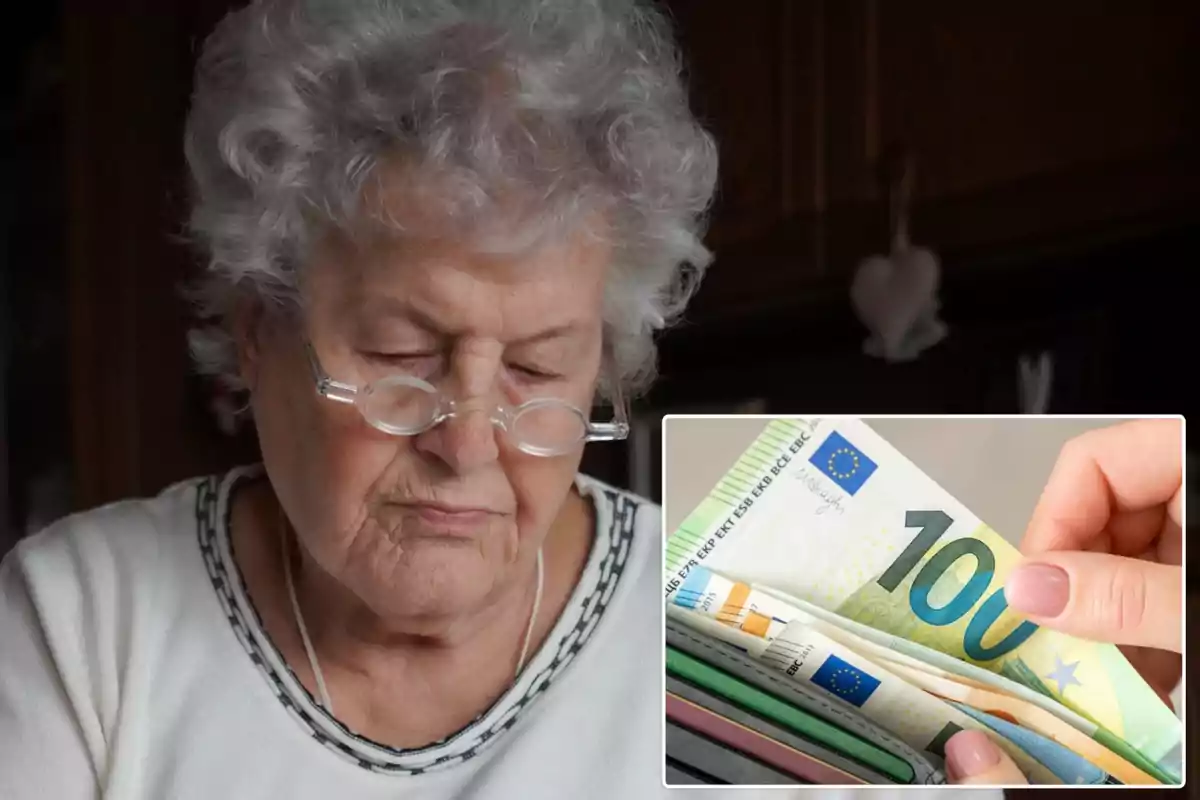 Una mujer mayor con gafas parece preocupada mientras observa algo, con una imagen insertada de una mano sosteniendo billetes de 100 euros.