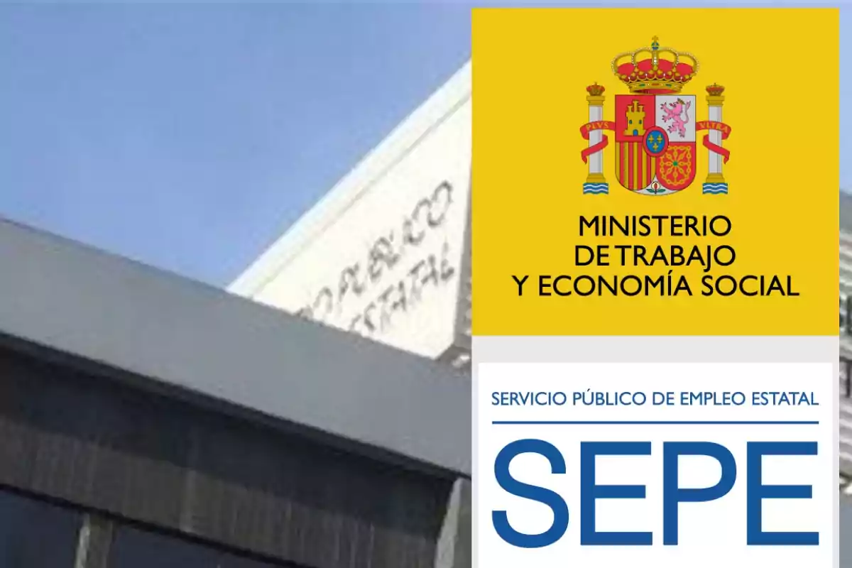 Logotipo del Ministerio de Trabajo y Economía Social y del Servicio Público de Empleo Estatal (SEPE) en un edificio.