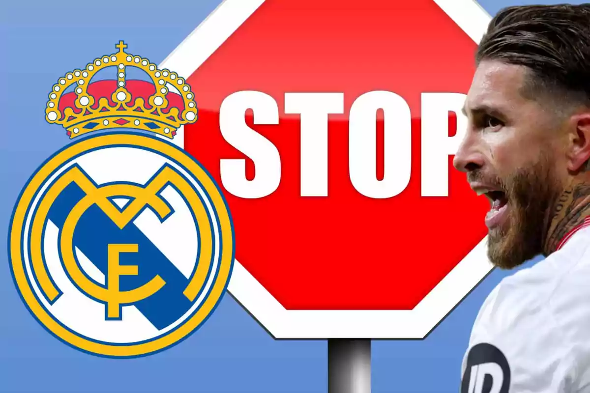 Escudo del Real Madrid junto a una señal de stop y un jugador de fútbol gritando.