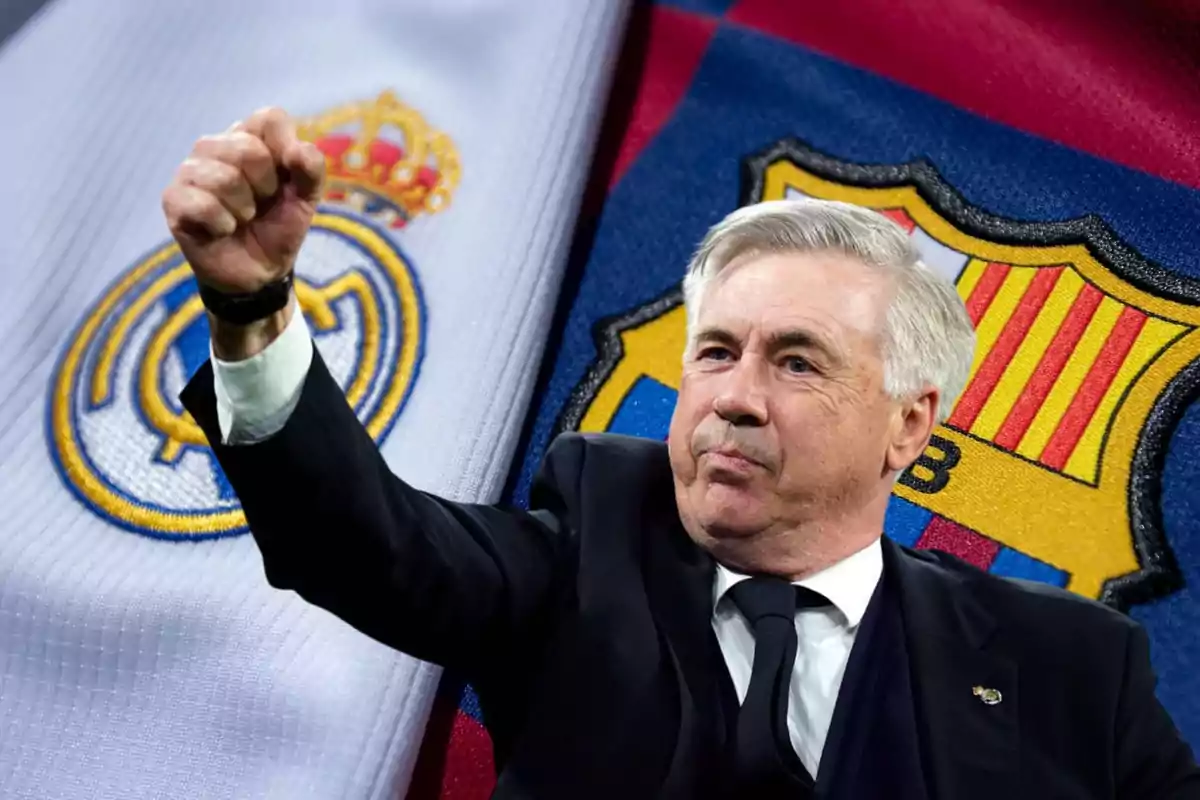 Un hombre con traje levantando el puño frente a los escudos de los equipos de fútbol Real Madrid y Barcelona.