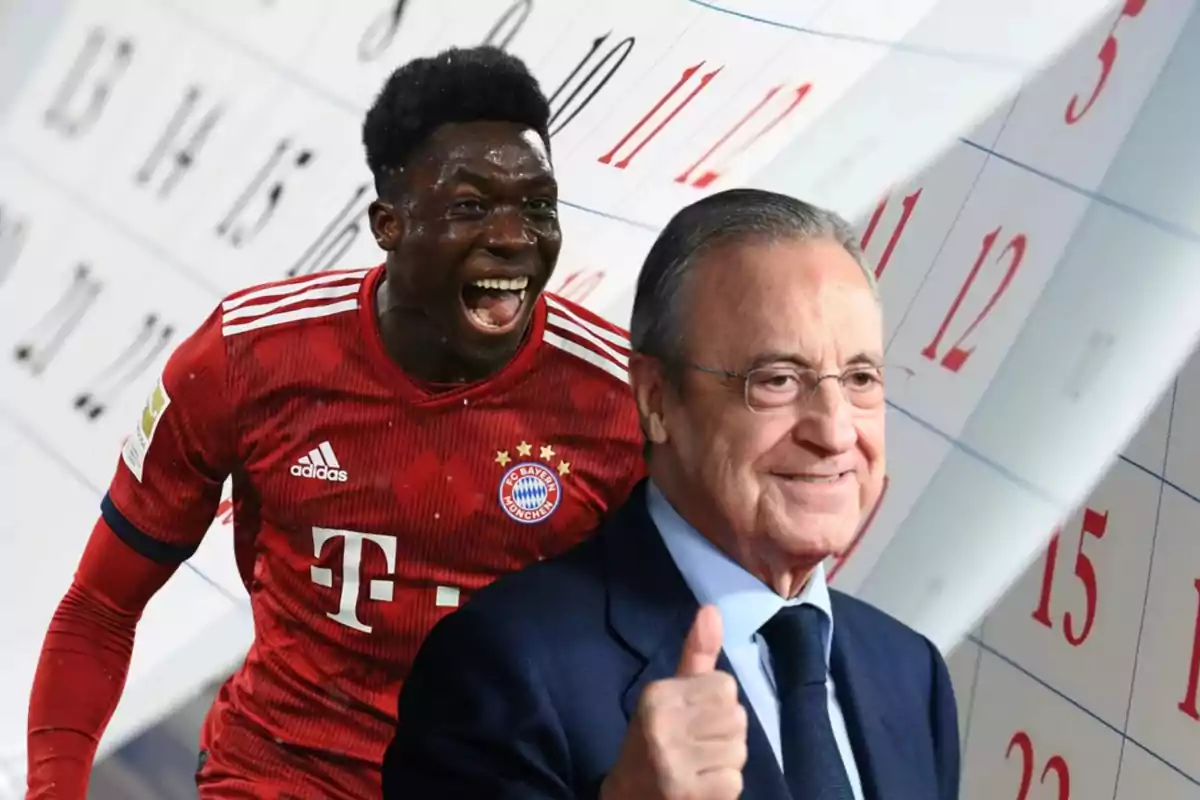 Florentino Pérez sonriente y con el pulgar hacia arriba, detrás una imagen de Alphonso Davies con la camiseta roja del Bayern Múnich, y de fondo las hojas de un calendario mensual