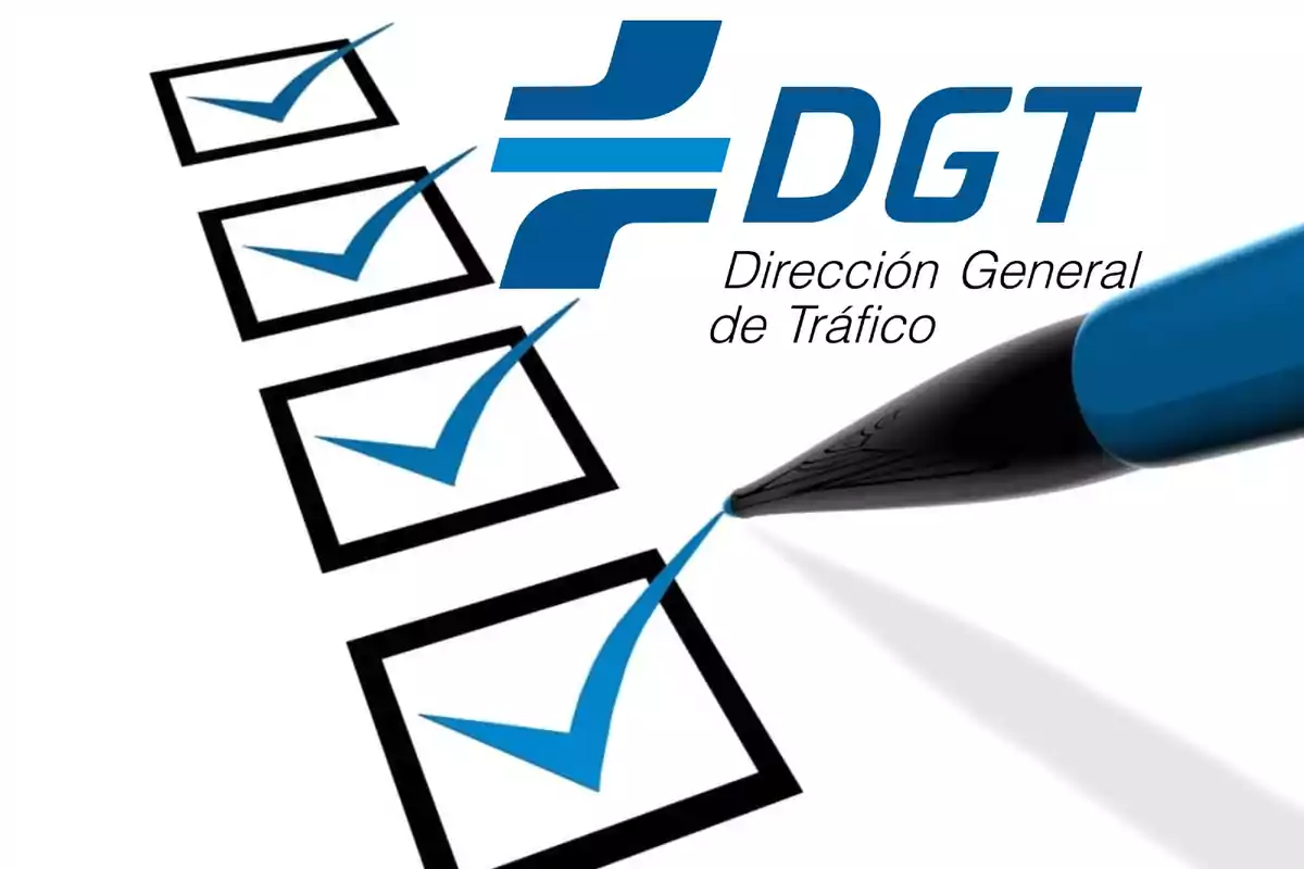 Logotipo de la Dirección General de Tráfico junto a una lista de verificación con marcas de verificación azules y un bolígrafo azul.