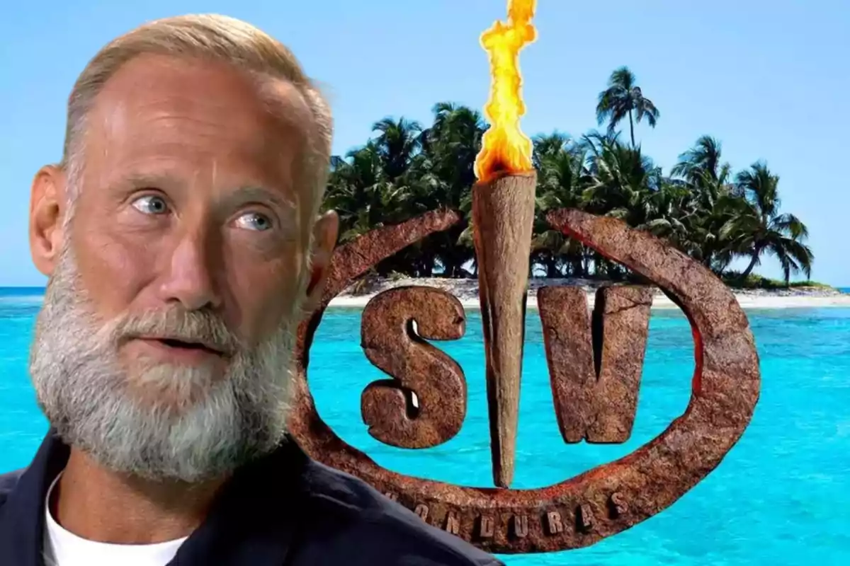 Un hombre con barba blanca aparece en primer plano, con una isla tropical y el logotipo de un programa de supervivencia en el fondo.