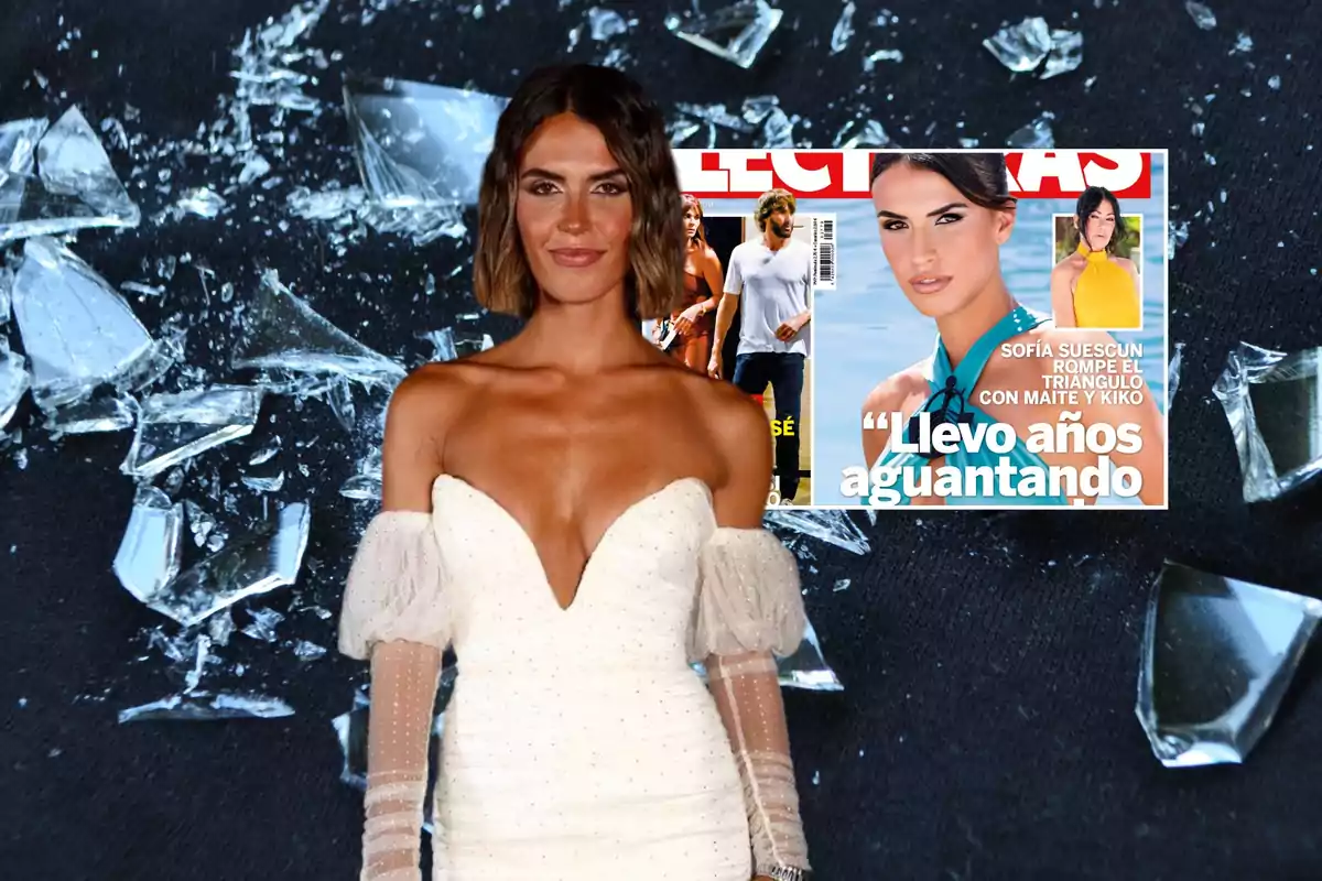 Mujer con vestido blanco posando frente a un fondo de cristales rotos y una revista.