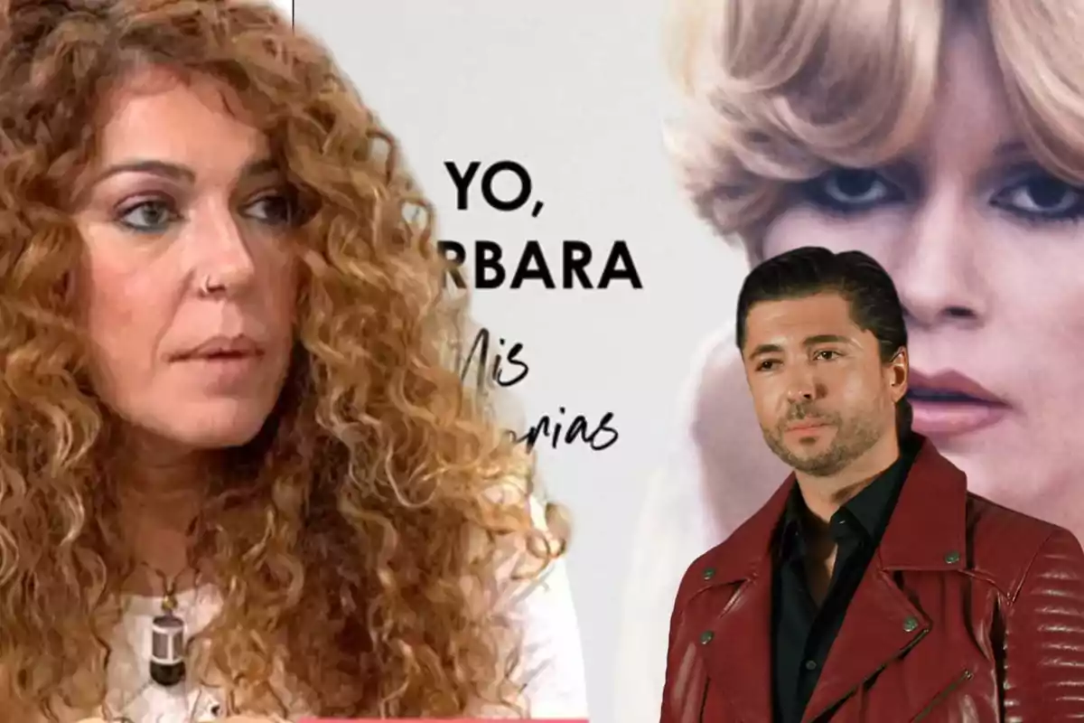 Una mujer de cabello rizado y un hombre con chaqueta roja aparecen frente a un cartel con el rostro de una mujer rubia y el texto "Yo, Bárbara Mis memorias"