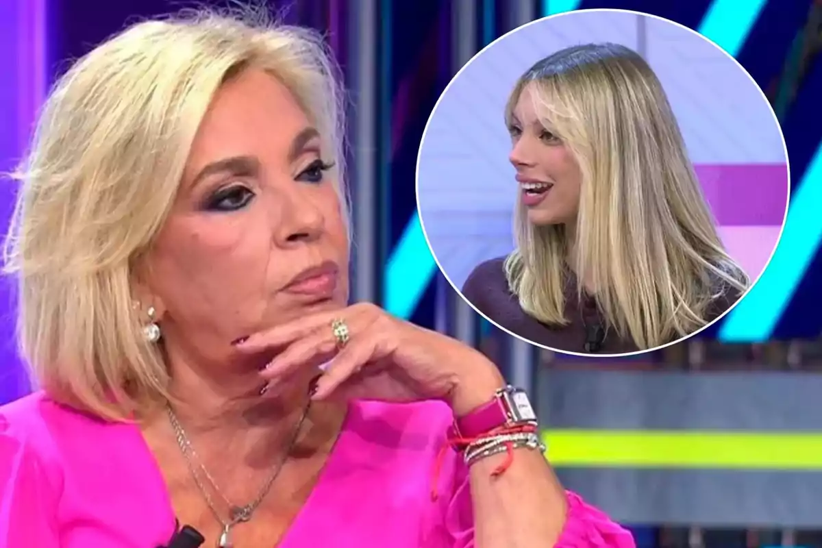 Mujer rubia con expresión pensativa en un programa de televisión con un recuadro que muestra a otra mujer rubia sonriendo.