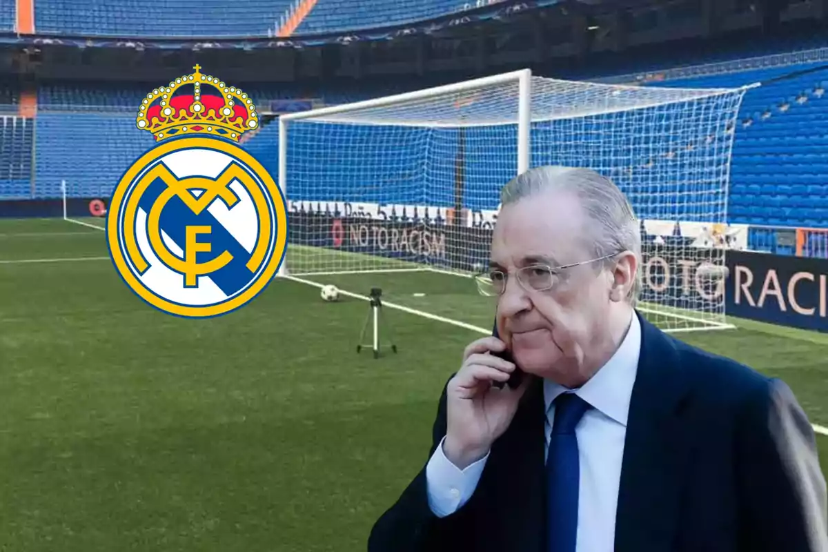 Hombre hablando por teléfono en un estadio de fútbol con el logo del Real Madrid en la imagen.