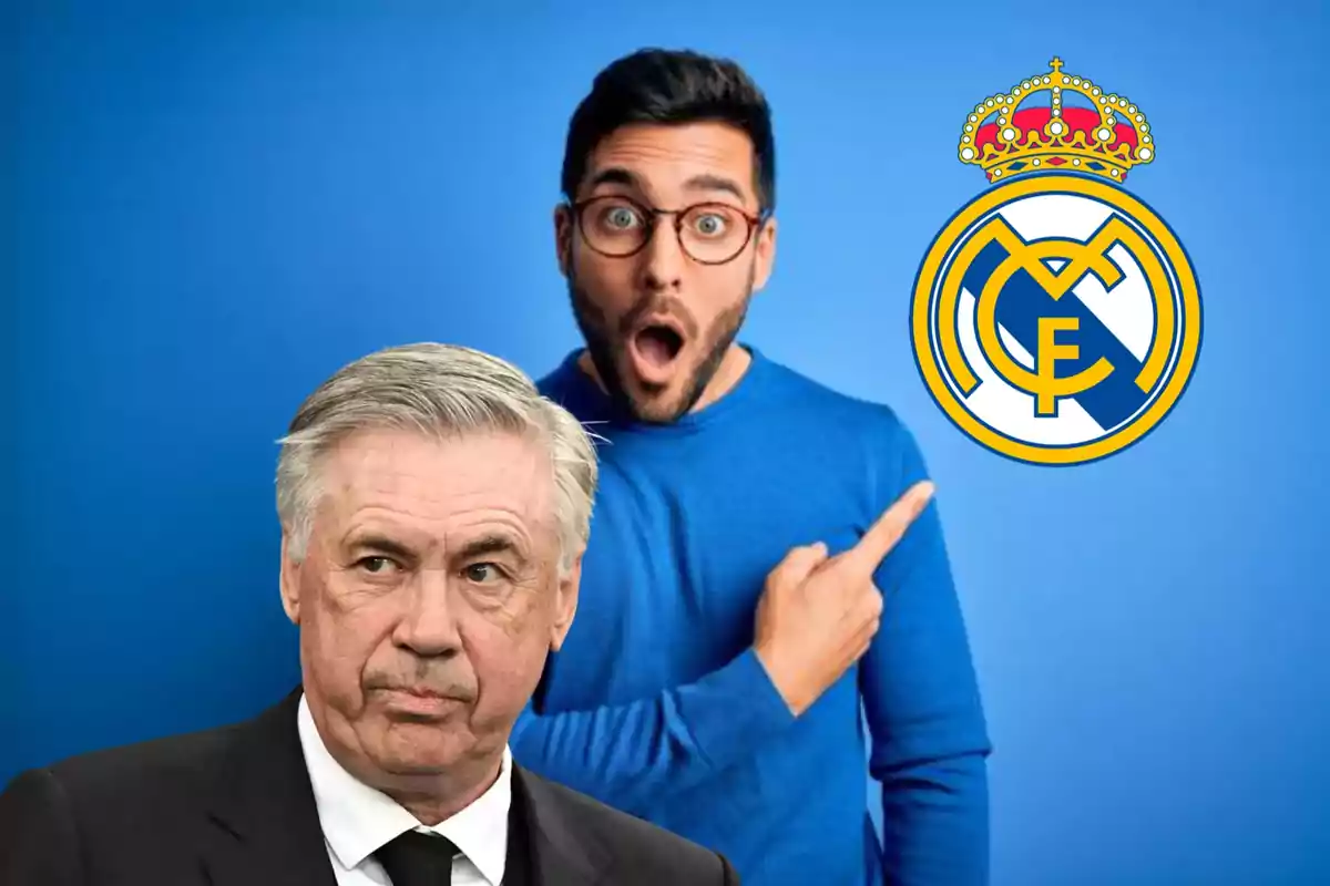 Hombre sorprendido señalando el logo del Real Madrid con un hombre mayor en primer plano.