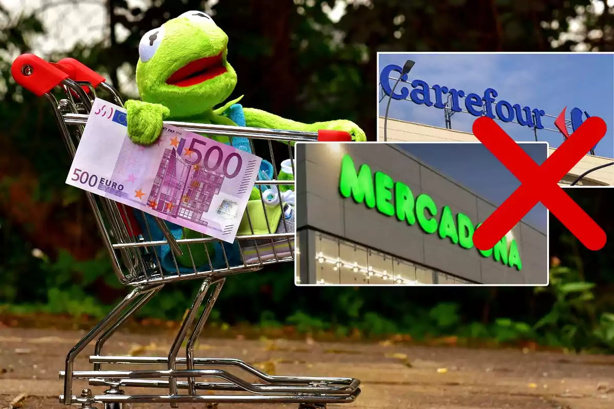 Un muñeco verde en un carrito de compras con un billete de 500 euros, con imágenes de los logotipos de Carrefour y Mercadona, este último tachado con una X roja.