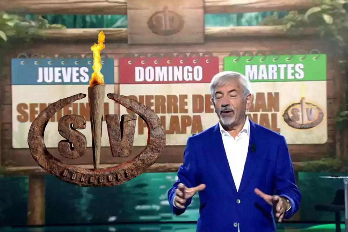 Un hombre de cabello canoso y barba, vestido con un saco azul, está presentando un programa de televisión con el logo de Supervivientes y un fondo que muestra los días jueves, domingo y martes en carteles de colores
