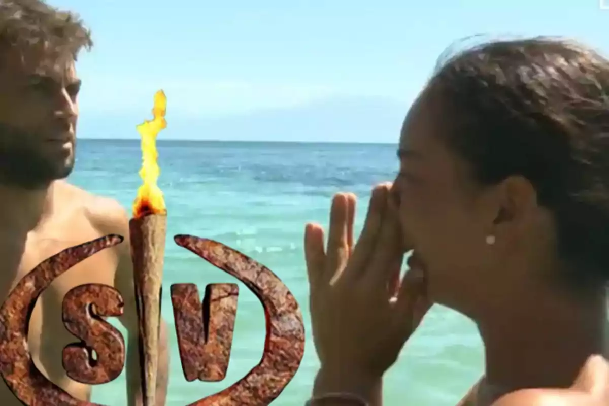 Dos personas en la playa con un logotipo de un programa de supervivencia en primer plano.