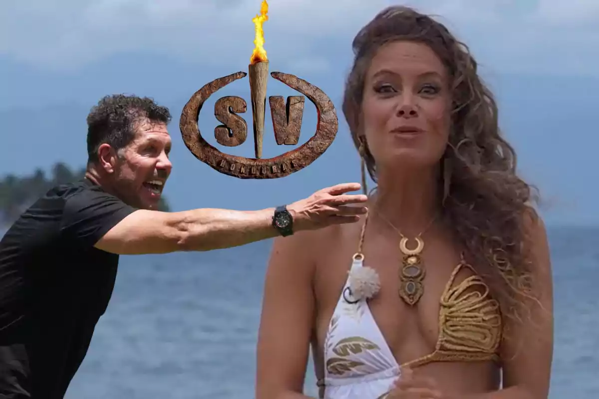 Un hombre sonriente extiende el brazo hacia una mujer con bikini blanco y dorado frente al mar, con el logo de un reality show de supervivencia entre ellos.