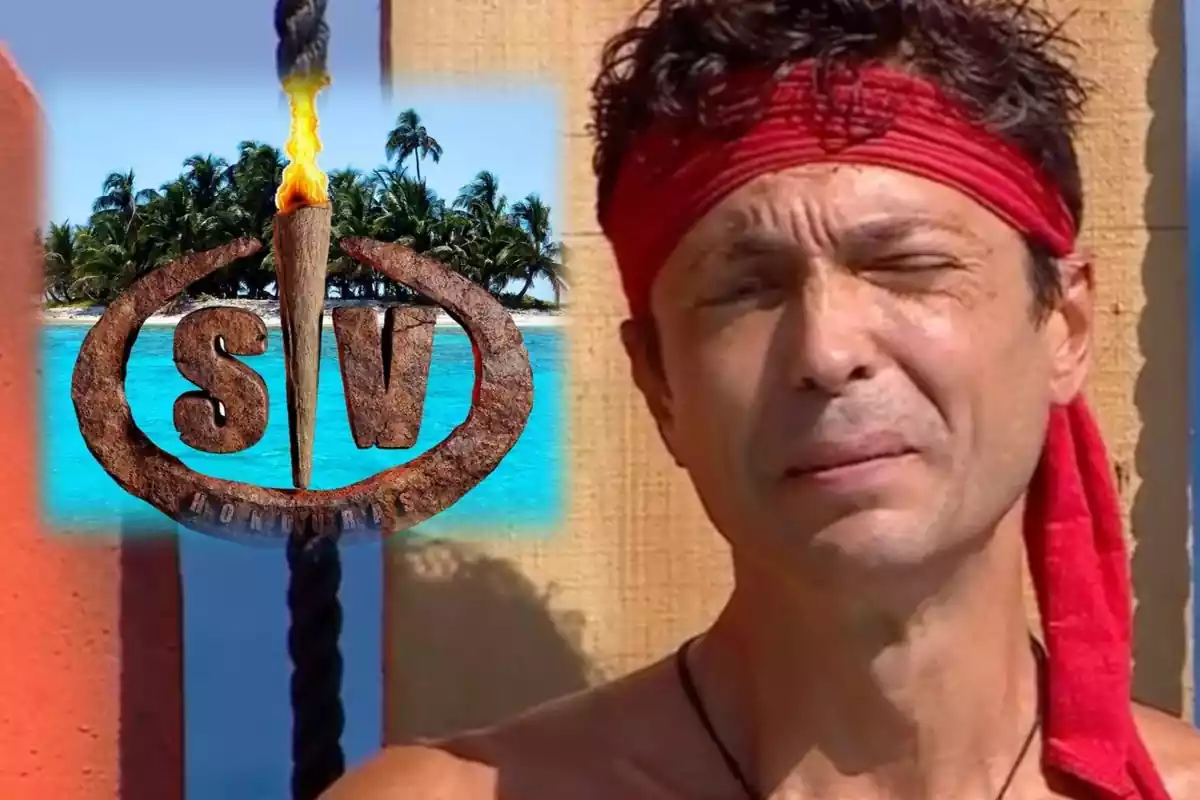 Ángel Cristo Jr. con cara triste y detrás el logo del programa 'Supervivientes'
