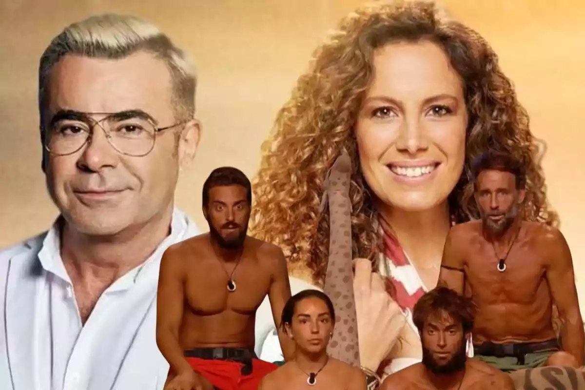Montaje con dos personas de fondo sonriendo y cuatro personas en primer plano con el torso desnudo y expresión seria, junto a una jirafa dibujada
