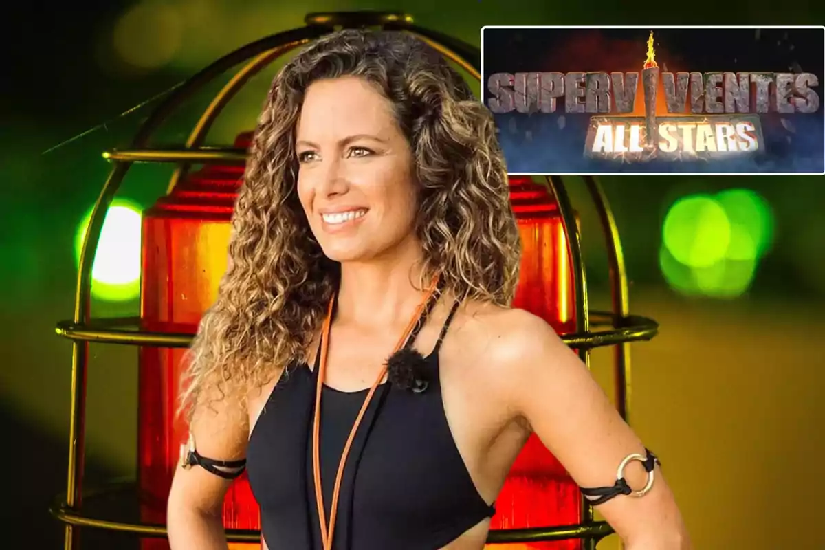 Una mujer sonriente con cabello rizado y vestida con ropa deportiva negra, con un fondo de luces verdes y rojas desenfocadas y el logo de "Supervivientes All Stars" en la esquina superior derecha.