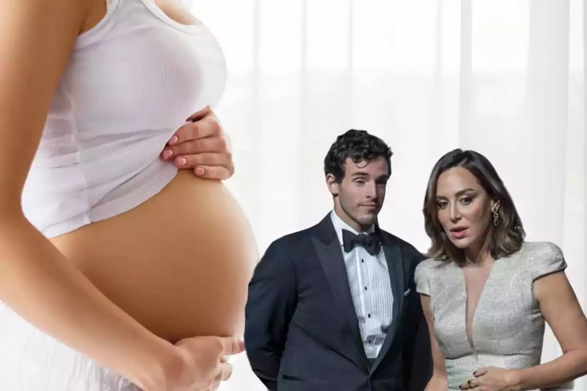 Íñigo Onieva y Tamara Falcó vestidos de gala y cara de sorpresa, de fondo el vietre embarazado de una mujer