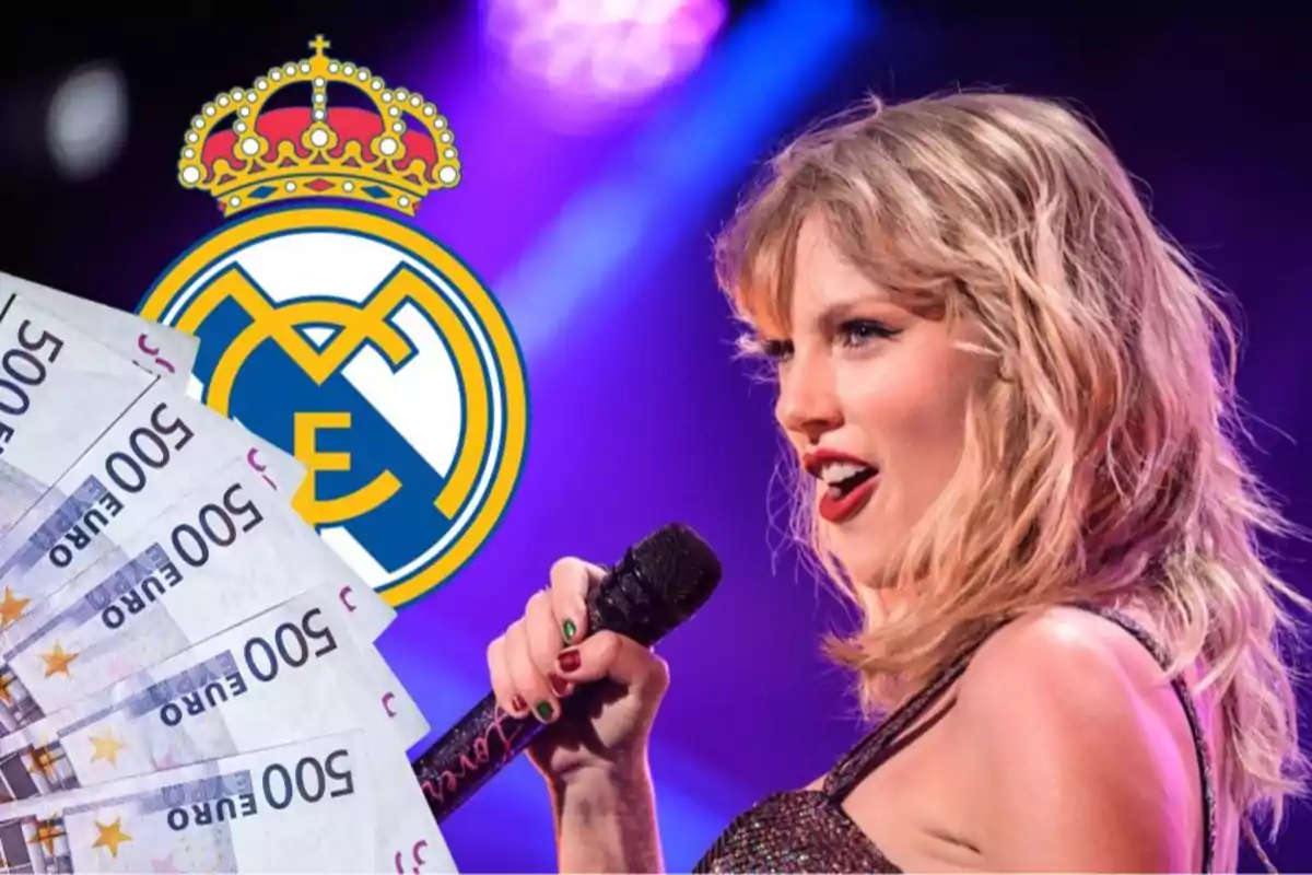 Una cantante con un micrófono, billetes de 500 euros y el logo del Real Madrid.