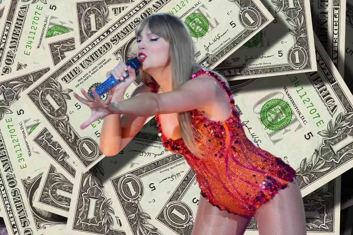 La cantante Taylor Swift con muchos billetes detrás