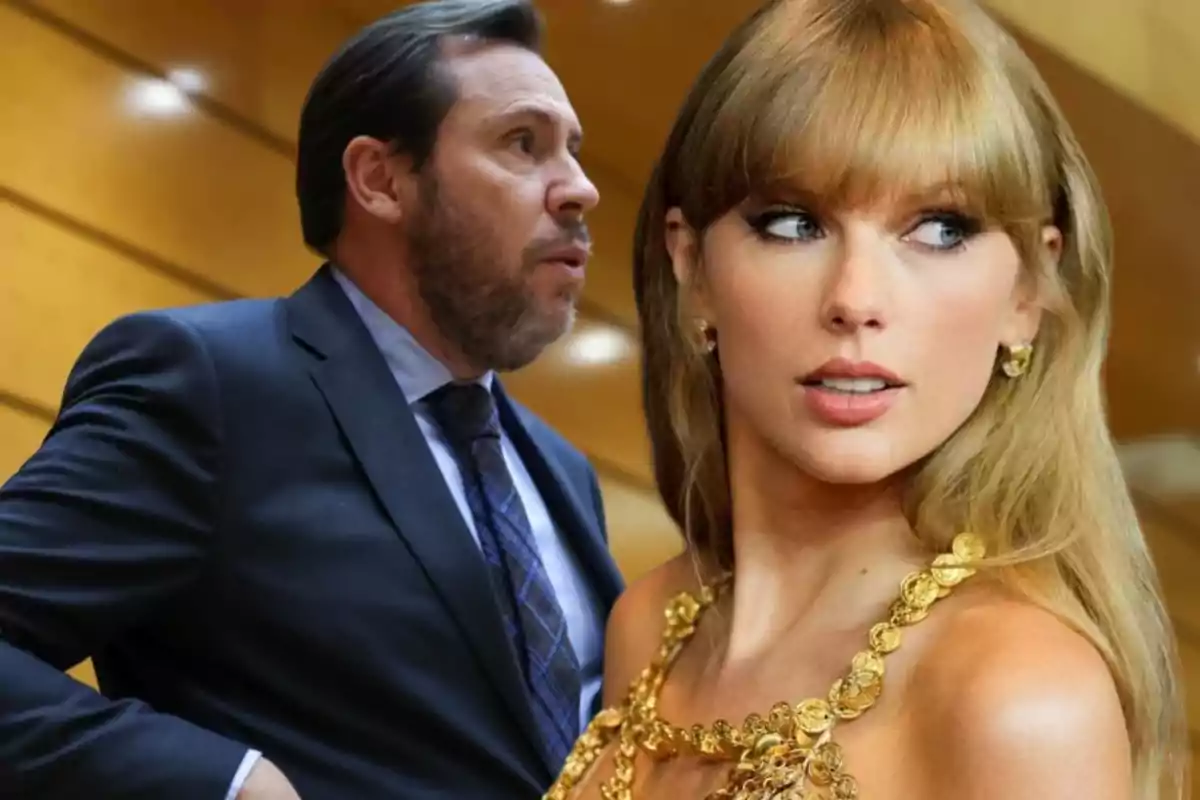 Taylor Swift con cadena dorada y con Óscar Puente al lado en traje