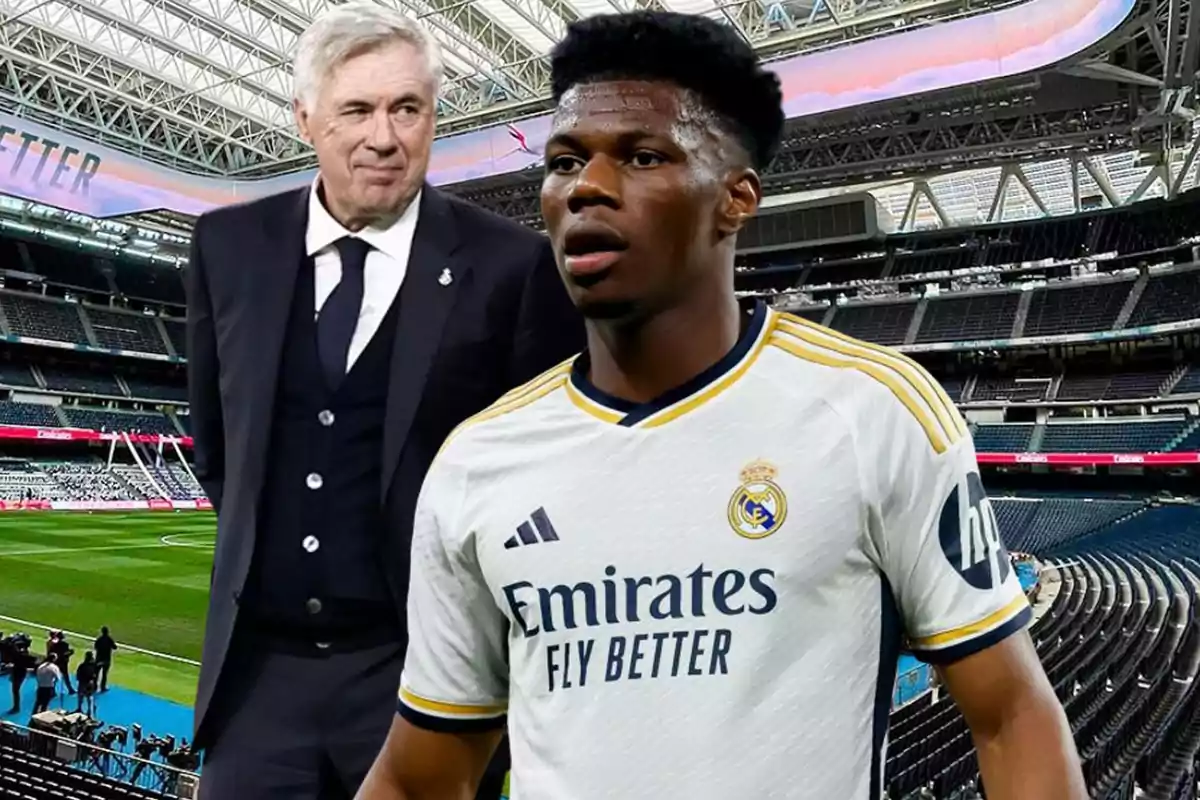 Entrenador y jugador del Real Madrid en el estadio.