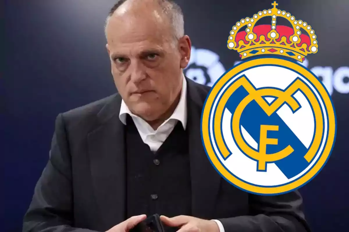 Javier Tebas y escudo Real Madrid