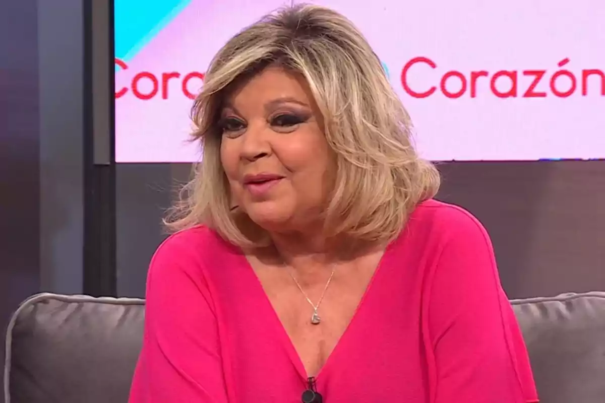 Una mujer con cabello rubio y corto, vestida con una blusa rosa, está sentada en un sofá durante una entrevista en un programa de televisión.
