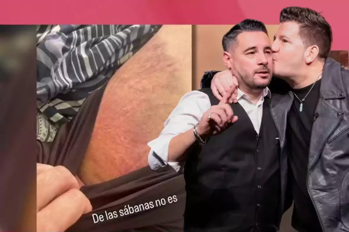 Dos personas posan juntas mientras una besa a la otra en la mejilla, al lado hay una imagen de una mano levantando una prenda de ropa mostrando la piel.