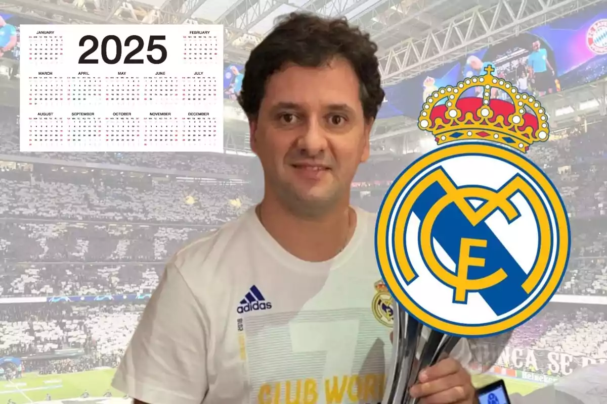 Un hombre con una camiseta del Real Madrid sostiene un trofeo en un estadio lleno de aficionados, con un calendario del año 2025 y el escudo del club en primer plano.