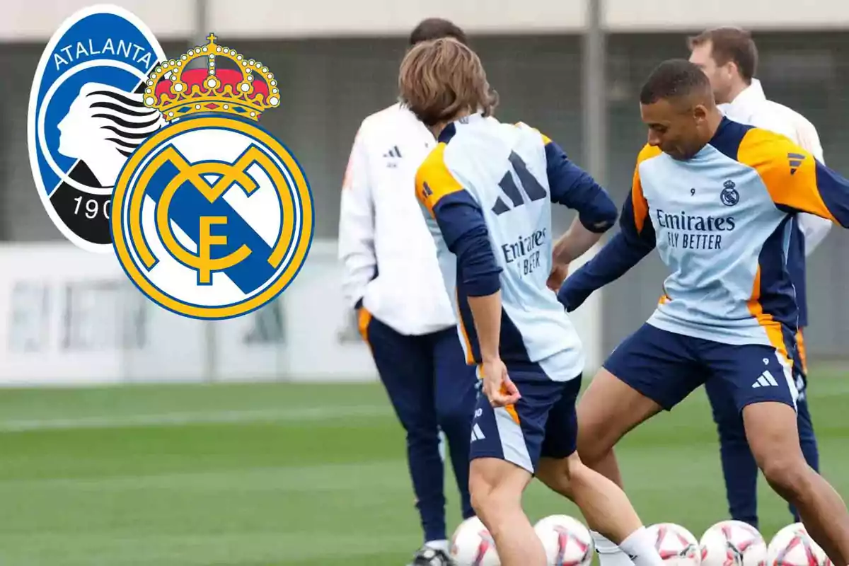 Jugadores de fútbol entrenando en el campo con los logos de Atalanta y Real Madrid superpuestos.