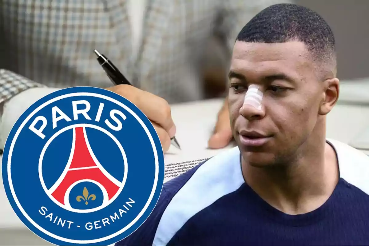 Mbappé junto al logo del Paris Saint-Germain y una persona firmando un documento.