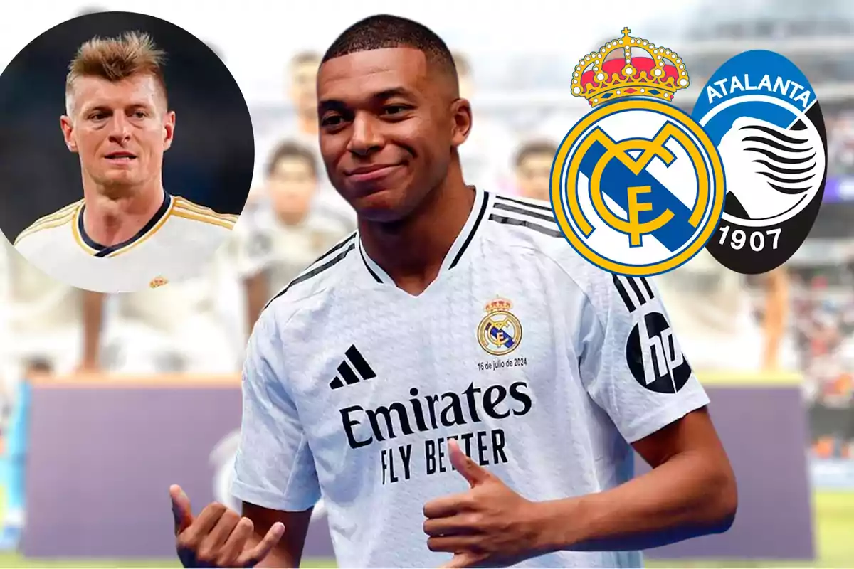 Mbappé y Toni Kroos, uno en primer plano y otro en un círculo, junto a los escudos del Real Madrid y Atalanta.