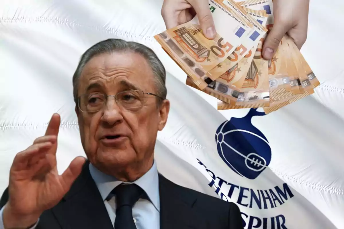 Un hombre mayor con gafas y traje oscuro gesticula con la mano frente a una bandera de Tottenham Hotspur, mientras una mano sostiene varios billetes de euro.