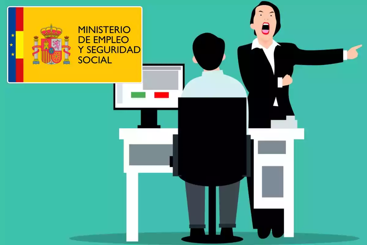 Ilustración de una persona sentada frente a un escritorio con una computadora mientras otra persona de pie le señala y grita, con un cartel del Ministerio de Empleo y Seguridad Social de España en el fondo.